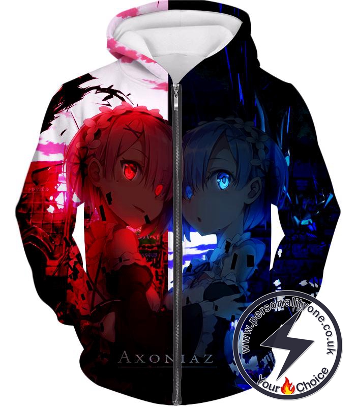 Re:Zero Cute Re:Zero Anime Twins Rem and Ram Fan Art Zip Up Hoodie